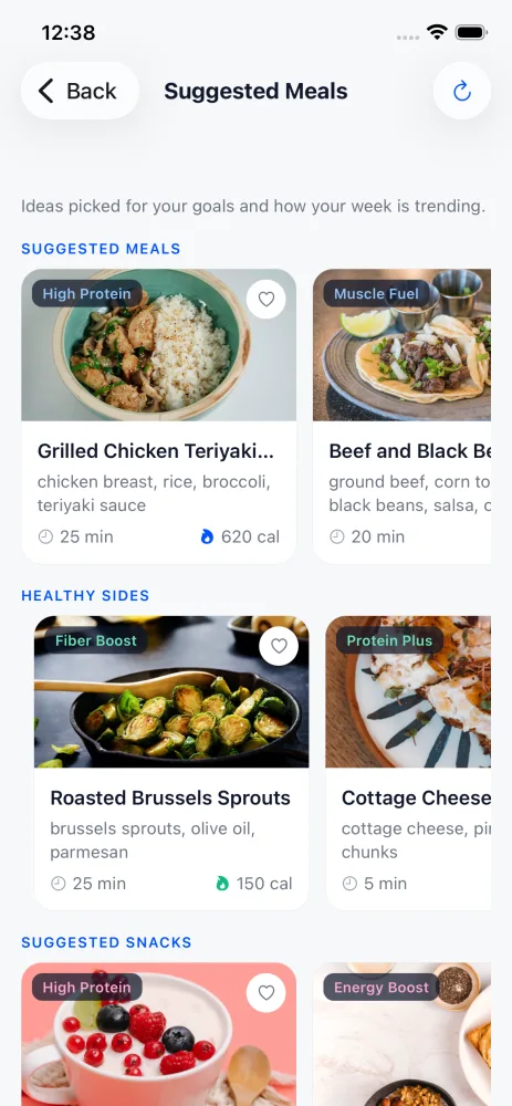EvoFitCo suggested meals screen